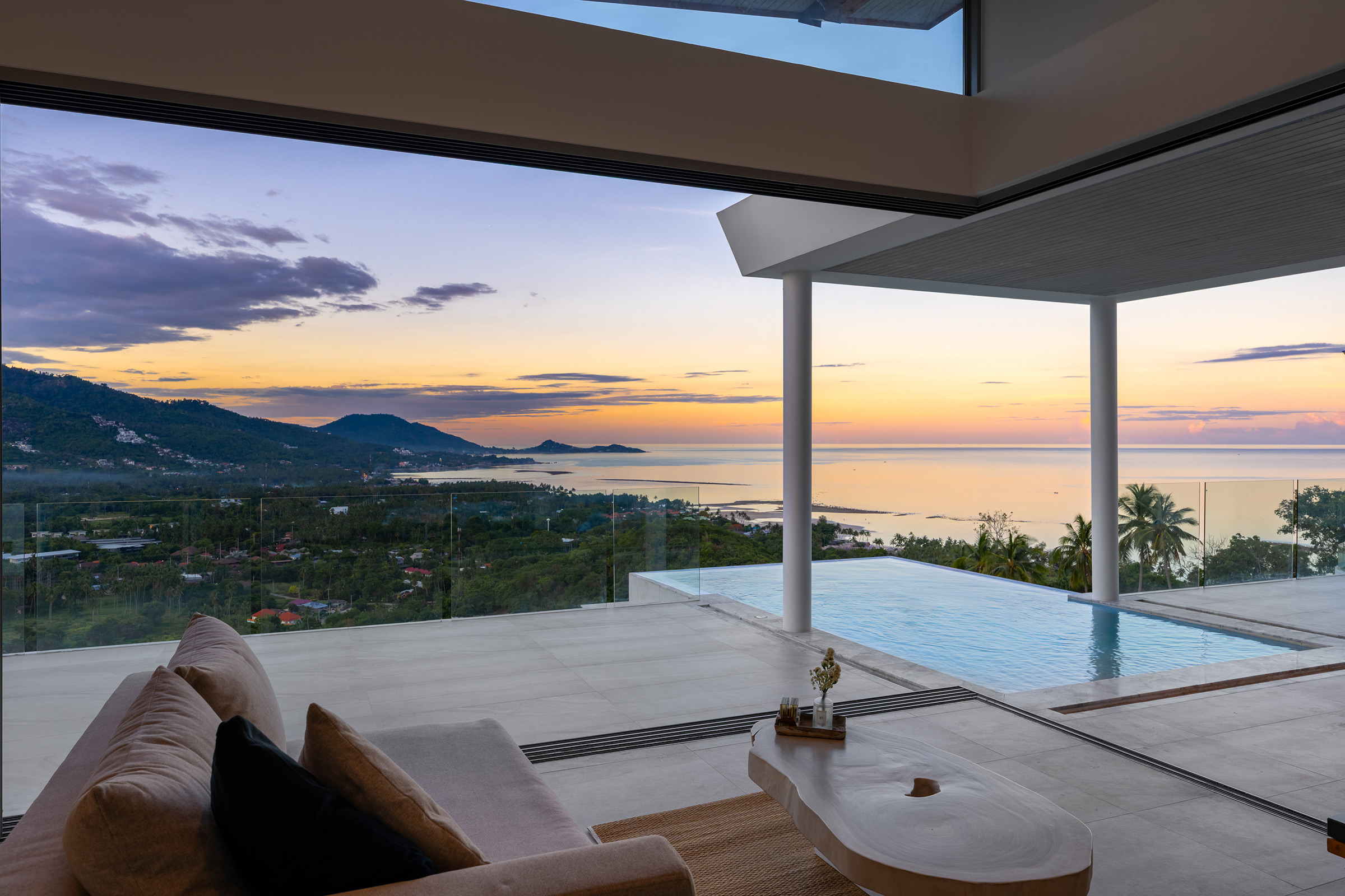 Panoramic hillside and ocean views from an architect-designed villa in Laem Set, Koh Samui