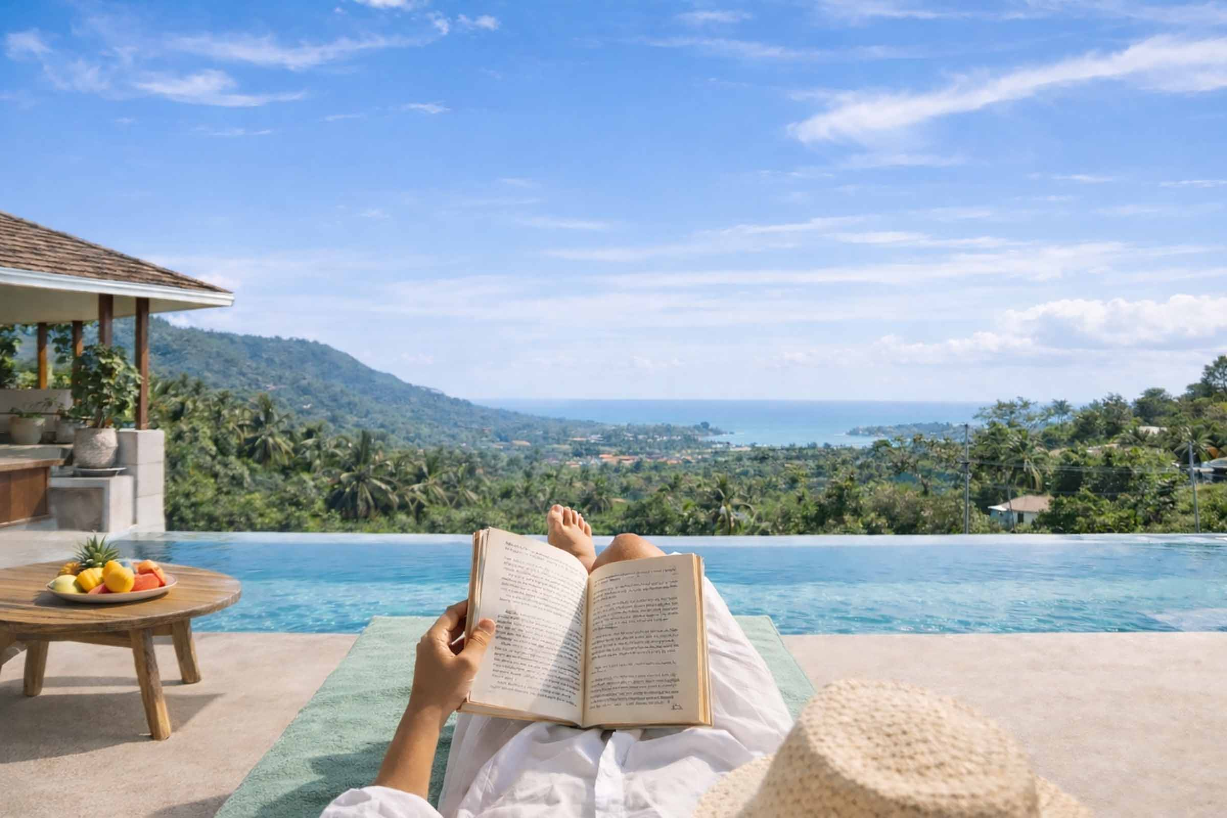 Woman at villa pool overlooking Lamai area an d ocean.